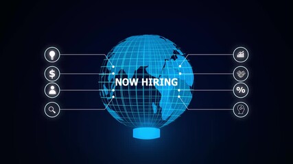 Global hiring opportunity digital earth with icons representing business growth finance. Global hiring connects talent and opportunity. Business innovation drives growth and success.