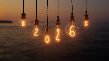 New Year 2026 glowing Edison light bulbs – festive holiday background with warm golden lights. 3d rendering illustration not AI