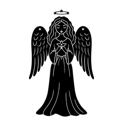 A black vector illustration of a praying angel with a star halo and stylized wings