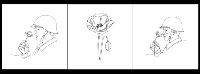 Poppy, Remembrance Day or Veterans Day Continuous Line Drawing with Editable Stroke and Copy Space, Abstract one line continuous poppy.Remembrance Day Flowers and Cross Remembering the Fallen Soldiers