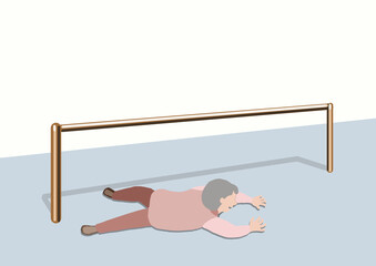 歩行練習中の老人が転倒しているカラーイラスト