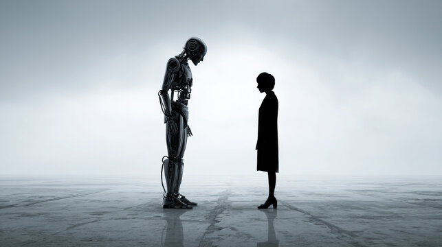 AI ethics debate concept with robot and human silhouettes facing off