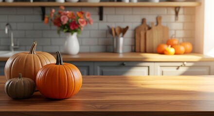 Cozy autumn kitchen scene with pumpkins on a wooden countertop, bathed in warm sunlight, evoking a sense of harvest and thanksgiving
