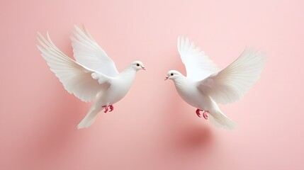 Obraz premium Two white doves flying gracefully against a soft pink background during a peaceful moment