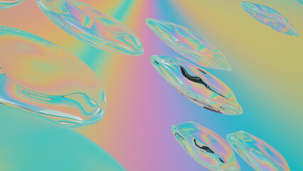 Holographic Fluid Forms in Soft Pastel Colors. Abstract 3D Glass Drops with Rainbow Reflection. 3d rendering illustration not AI
