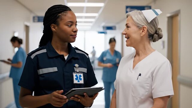 Paramedic and nurse consult tablet. Hospital staff discuss medical information. Emergency care planning shows healthcare teamwork. Professional consultation in corridor setting. Friendly care team.