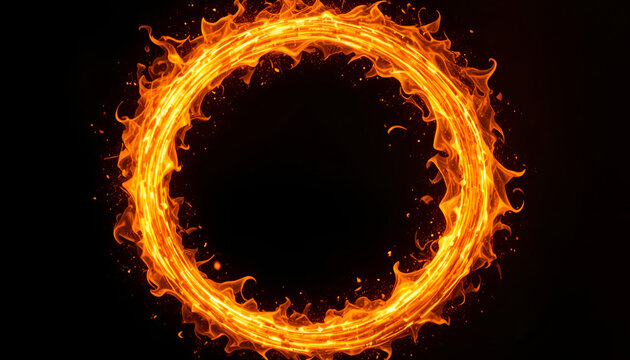 Fiery Circle Ring on Black Background &mdash; Energy Flame Design Concept