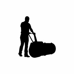 Silhouette of a road construction worker operating asphalt roller isolated on white background