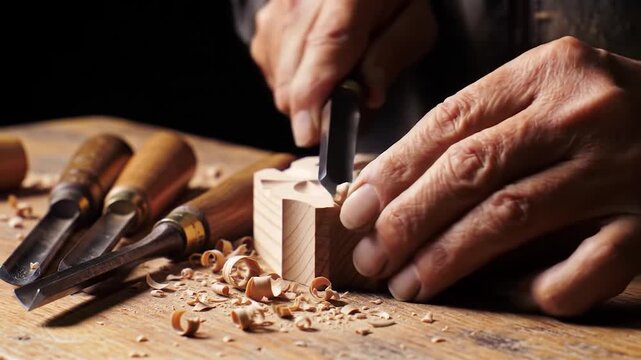 Skilled artisan hands carve wood using chisel creating woodworking detail craftsmanship hobby project