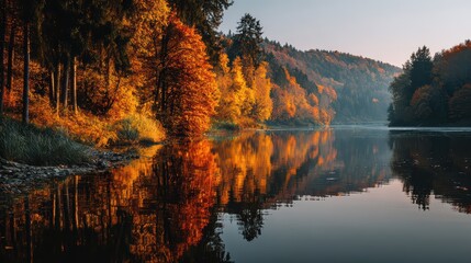 Obraz premium Serene Autumn Landscape with Colorful Forest Reflections on Water