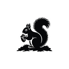 Black silhouette of a squirrel holding a nut on a white background