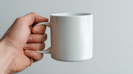 Obraz premium Hand Holding a Blank White Ceramic Coffee Mug with Smooth Surface and Neutral Background for Customized Branding or Personalization Projects