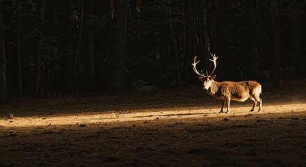 Majestic deer stands in a sunlit clearing, bathed in golden light, amidst a dense, dark forest.