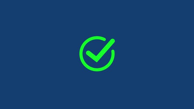 Green check mark icon.Animated check mark icon in white against dark blue background for positive affirmations and approved actions.