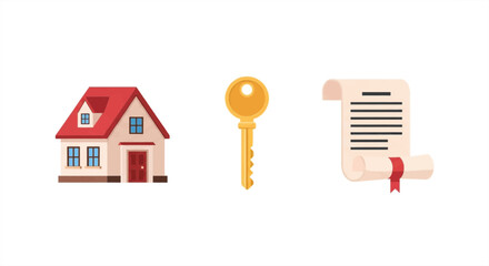 Secure your dream home with this essential real estate bundle featuring a charming house, golden key, and official deed, perfect for property investment visuals.