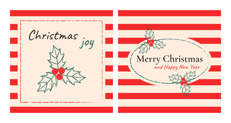 Retro Christmas greeting cards with chalk texture. Vector template for banners, posts, and covers