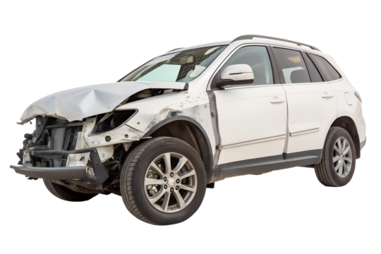 White SUV car crashed severely isolated and generated with AI in png file format