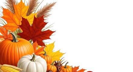 Autumn harvest corner arrangement with pumpkins, gourds, colorful maple leaves, and ornamental grass, isolated on white background