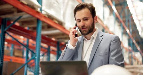 Phone call, shipping and man in warehouse with laptop, talking or supply chain update. Technology, logistics and engineer in conversation for distribution, feedback and report for cargo storage - Powered by Adobe