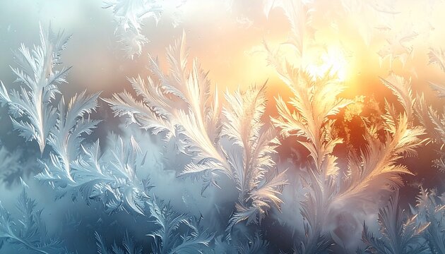 Mesmerizing intricate frost patterns covering a window pane, beautifully illuminated by the warm, golden glow of a winter sunrise, creating a stunning natural abstract art display