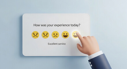A hand selecting a happy face on a customer satisfaction survey with excellent service rating shown