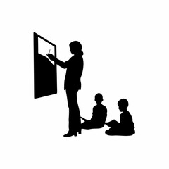 Silhouette of a school teacher writing on blackboard while students take notes isolated on white background