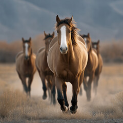 Wild horses gallop across dusty plain, their powerful bodies and flowing manes creating sense of freedom and energy
