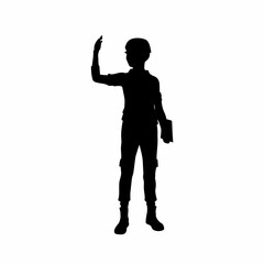 Silhouette of a science fair judge evaluating student invention isolated on white background