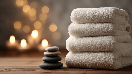 Serenity and Softness: A stack of plush white towels and carefully arranged stones create a sense of tranquility, bathed in the soft glow of candlelight.