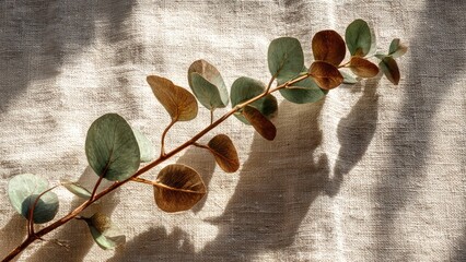 Eucalyptus Branch and Shadows: A delicate eucalyptus branch with soft green and brown leaves gracefully rests on a textured surface, casting intriguing shadows and highlighting the beauty of nature.