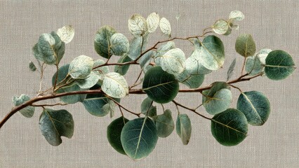 Eucalyptus Branch with Green Leaves: The delicate, curved stem of an eucalyptus branch, adorned with fresh, green, and rounded leaves, evoking a sense of freshness and natural beauty.