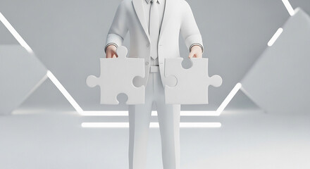Person in white suit holding two white puzzle pieces in a white futuristic room with light panels