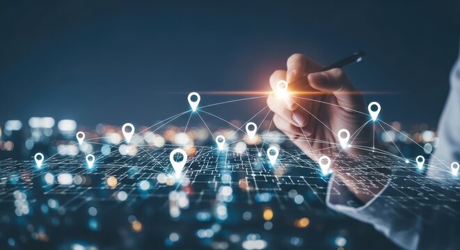Hand using a stylus to connect digital location pins on a futuristic city map