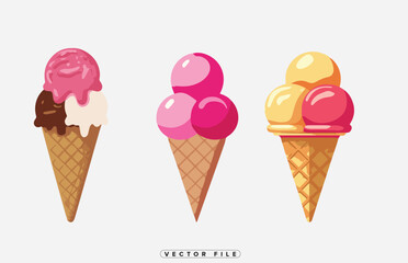 Three colorful pixel art ice cream cones displayed against a white backdrop