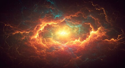 A vibrant display of fiery energy, with swirling patterns of orange and teal streaks against a dark backdrop, depicts a powerful celestial event.