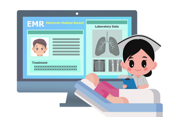 Cartoon picture of electornic medical record on computer monitor with working nurse.