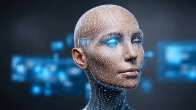 A futuristic digital humanoid face with glowing blue eyes, composed of a wireframe mesh, set against a blurred background of technology interfaces
