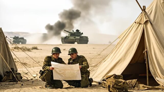 Two soldiers studying a map in a desert camp with tanks and smoke in the background during a military operation.