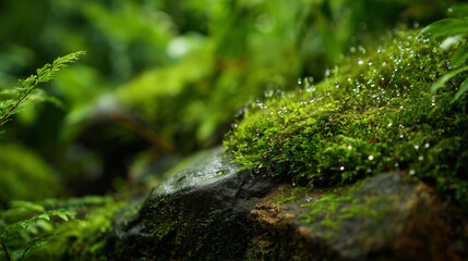 Forest landscape with green moss on stone near a waterfall or stream