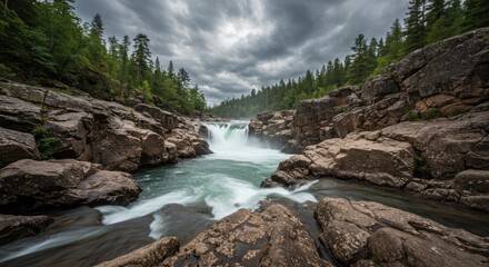 A dramatic waterfall cascades down rocky cliffs, surrounded by lush green forest under a cloudy sky.