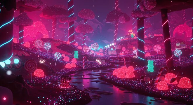 Fantasy Neon Forest with Glowing Mushrooms and Twisted Trees in Vibrant Pink and Blue Colors