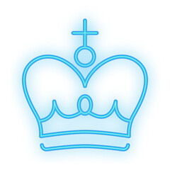 Doodle Neon Signboard of a glowing blue crown icon with a cross, set on a transparent background for regal or elite themes