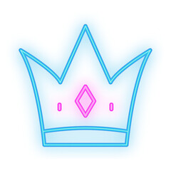 Doodle Neon Signboard of a blue glowing crown icon featuring a vibrant pink diamond shape, on a transparent background for royal or glam designs