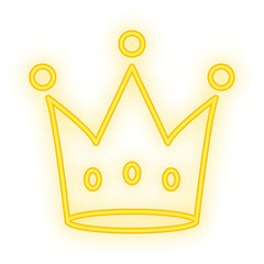 Doodle Neon Signboard of a glowing yellow crown icon with circular elements, on a transparent background perfect for royalty or premium design themes
