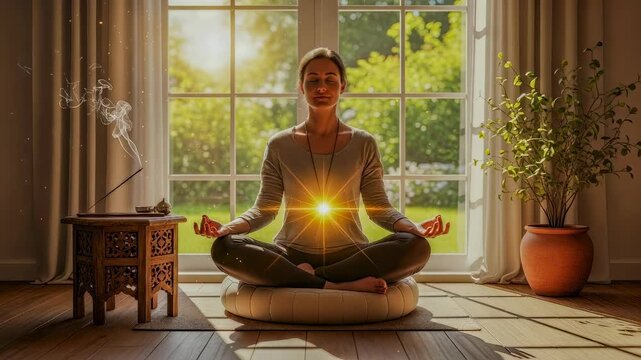 Woman meditating in lotus pose with glowing solar plexus chakra, peaceful zen mindfulness and holistic wellness footage.