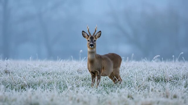 Roe deer standing in a frosty field on a cold winter morning