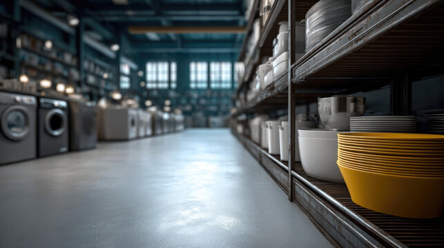 Side view overstock warehouse with kitchenware plates bowls appliances industrial shelving bright organized spacious clean