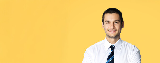 Portrait - happy smile business man in white shirt, blue striped tie, isolate yellow background. Businessman, bank manager, lawyer, teacher. Banner image with free ad text space