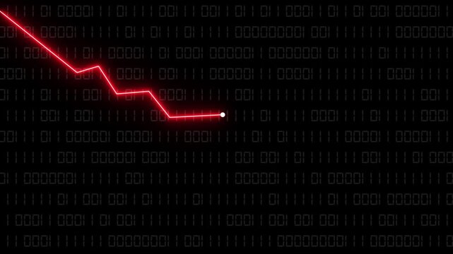 Dramatic red arrow plunging downward symbolizing financial decline over binary code background implying market crash.