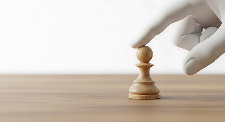 A gloved hand rests atop a wooden pawn chess piece on a wooden surface against a white background